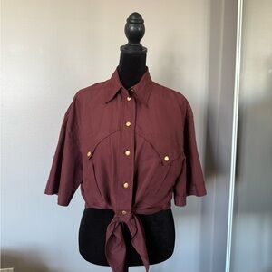 Vintage Cropped Tie-Front Shirt - Deep Burgundy